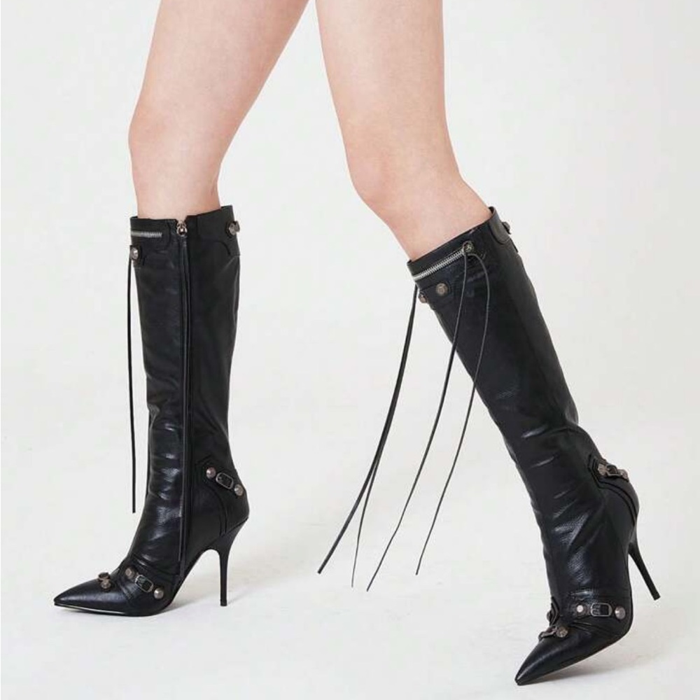 Punk Gothic Women Motorcycle Boots Pointed Toe
Knee High Rivets Tassels Stiletto